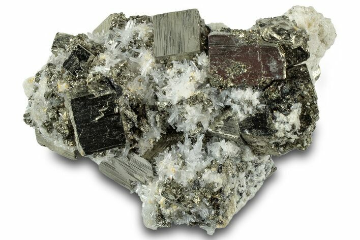 Gleaming Cubic Pyrite Cluster with Quartz - Peru #319346